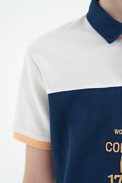 White Color Transitional Embroidered Detailed Standard Cut Polo Collar Boys T-Shirt - 11110