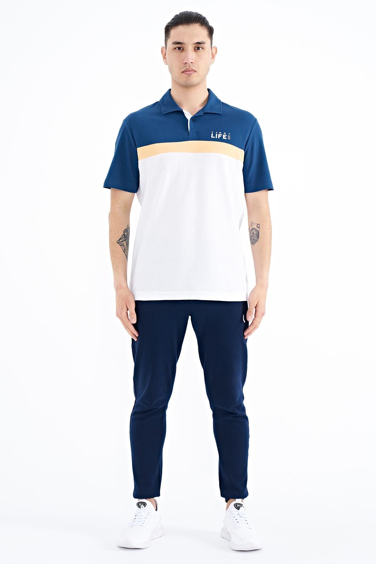 White Color Transition Polo Collar Standard Fit Men's T-shirt - 88238