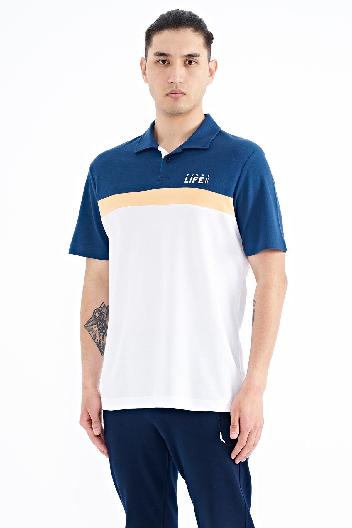 White Color Transition Polo Collar Standard Fit Men's T-shirt - 88238