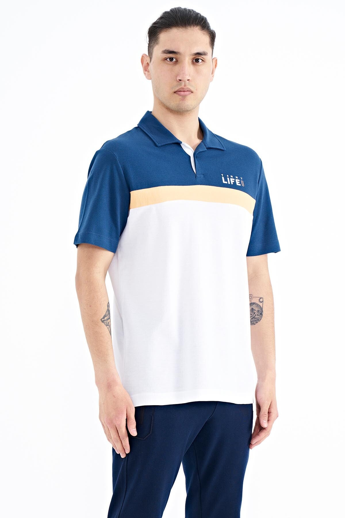 White Color Transition Polo Collar Standard Fit Men's T-shirt - 88238
