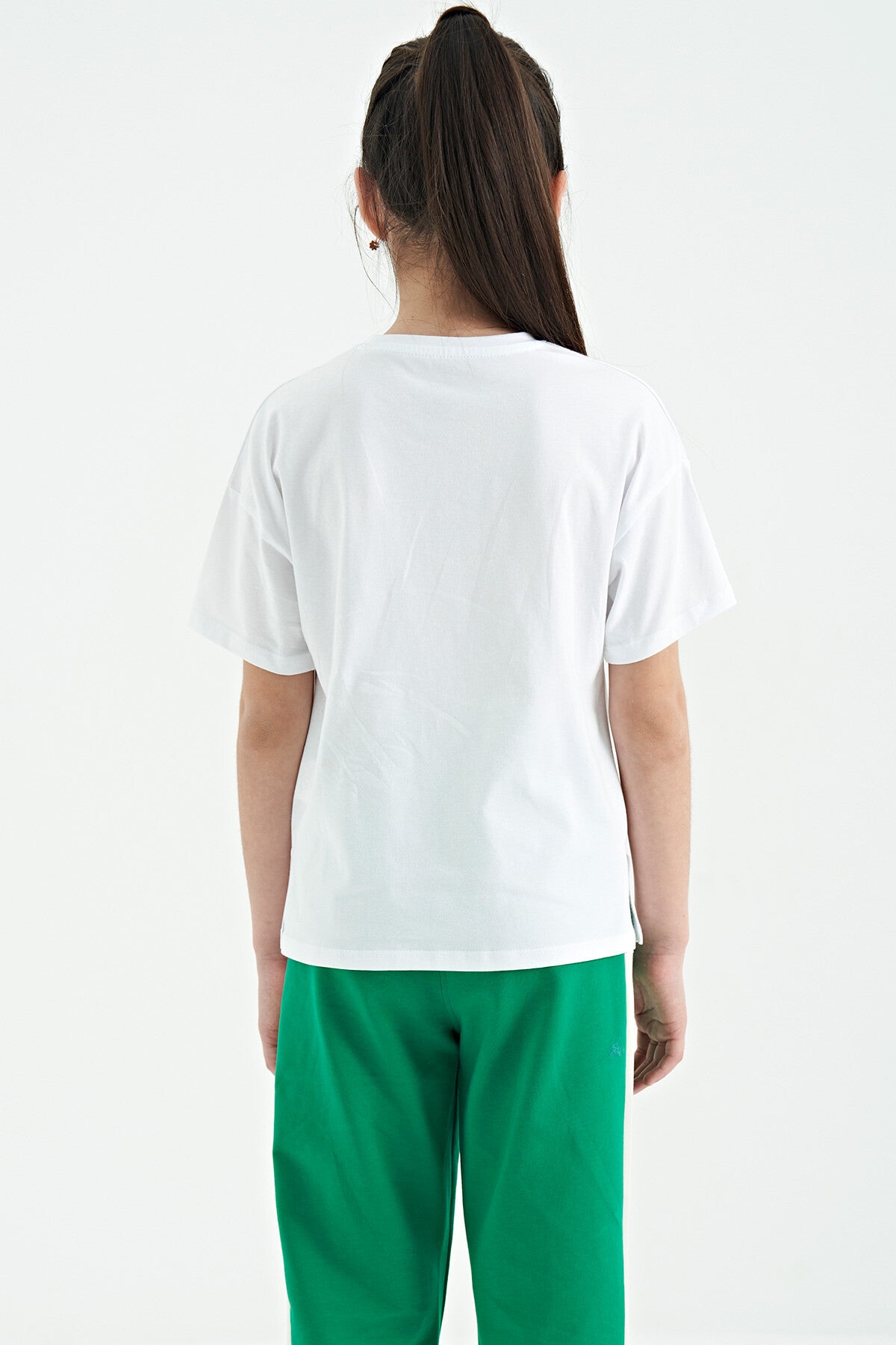 White Color Print O Collar Oversize Short Sleeve Girl's T-Shirt - 75112