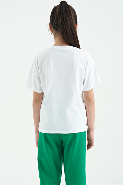 White Color Print O Collar Oversize Short Sleeve Girl's T-Shirt - 75112