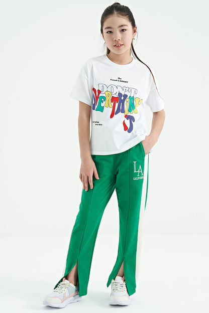 White Color Print O Collar Oversize Short Sleeve Girl's T-Shirt - 75112
