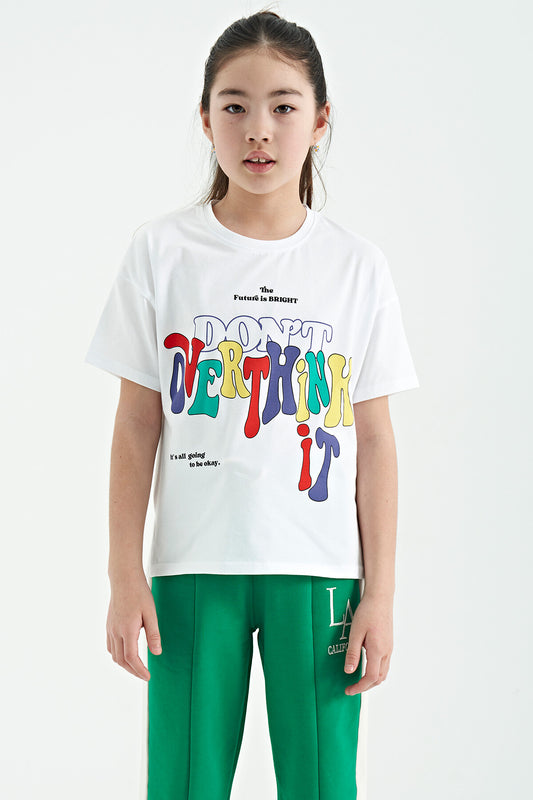White Color Print O Collar Oversize Short Sleeve Girl's T-Shirt - 75112