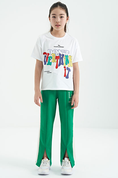 White Color Print O Collar Oversize Short Sleeve Girl's T-Shirt - 75112