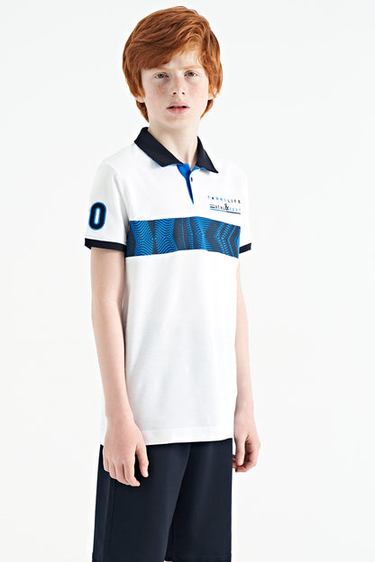 White Striped Print Detailed Polo Collar Standard Cut Boys T-Shirt - 11162