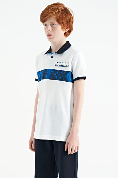 White Striped Print Detailed Polo Collar Standard Cut Boys T-Shirt - 11162