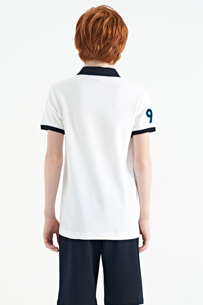 White Striped Print Detailed Polo Collar Standard Cut Boys T-Shirt - 11162