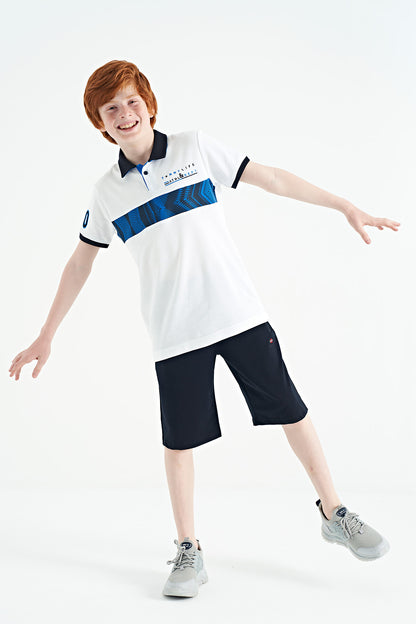 White Striped Print Detailed Polo Collar Standard Cut Boys T-Shirt - 11162