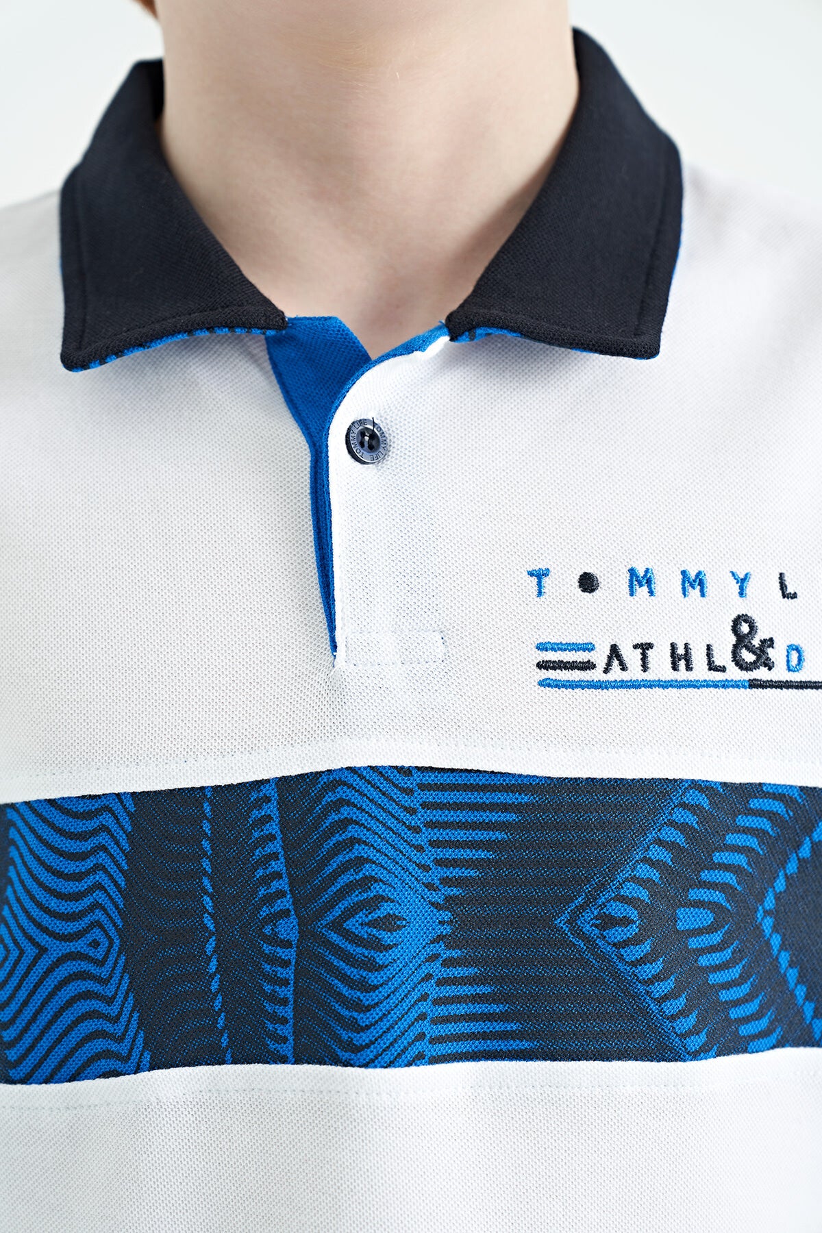 White Striped Print Detailed Polo Collar Standard Cut Boys T-Shirt - 11162
