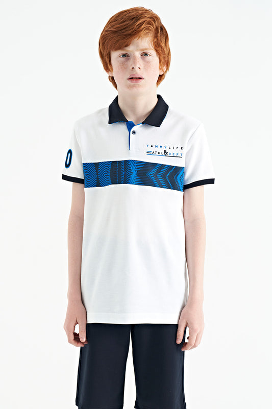 White Striped Print Detailed Polo Collar Standard Cut Boys T-Shirt - 11162