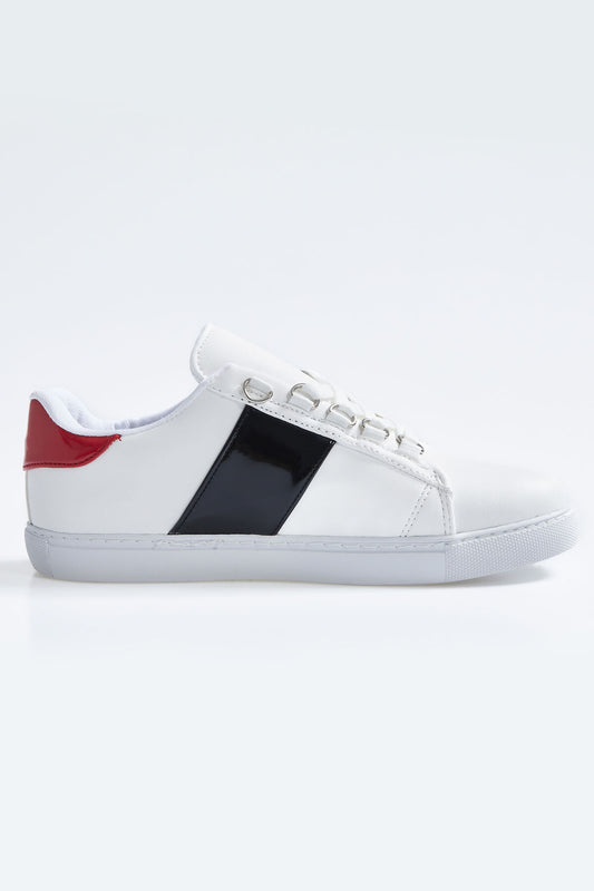 White - Black Laced Strip Detailed PU Leather Women's Sports Shoes - 89202