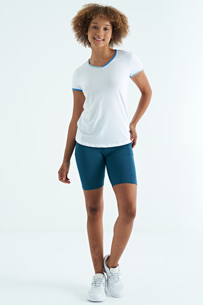 White V Neck Standard Fit Short Sleeve Women's Sports T-Shirt - 97268