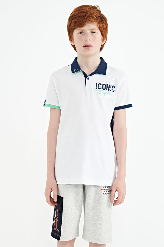 White Collar Embroidered Chest Standard Fit Polo Collar Boys T-Shirt - 11139