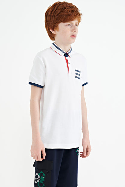 White Collar Color Block Print Detailed Standard Cut Boys T-Shirt - 11111