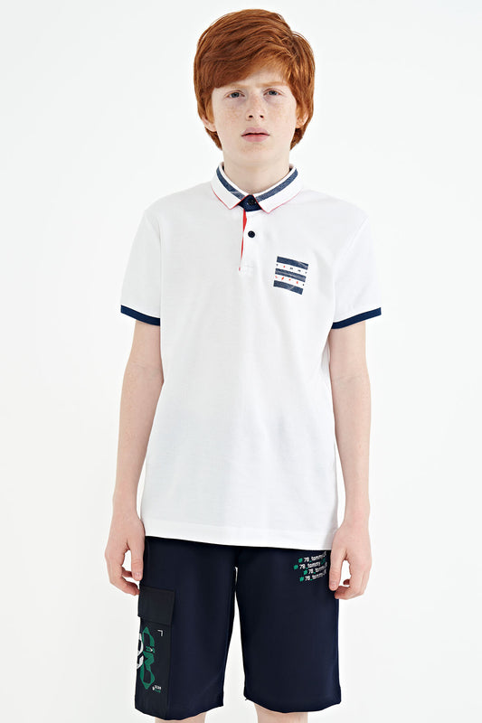 White Collar Color Block Print Detailed Standard Cut Boys T-Shirt - 11111