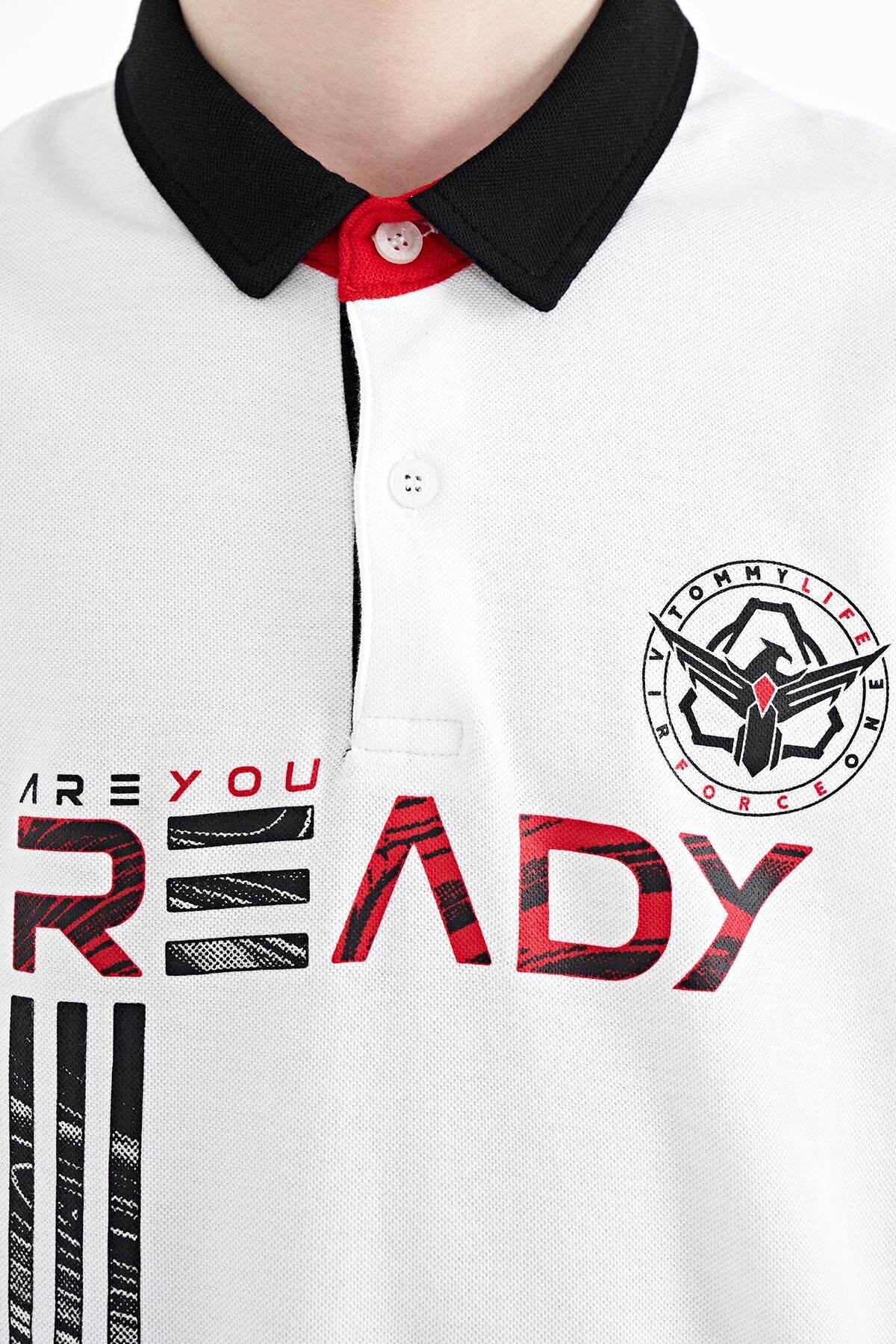White Print Pattern Standard Fit Polo Collar Boys T-Shirt - 11143