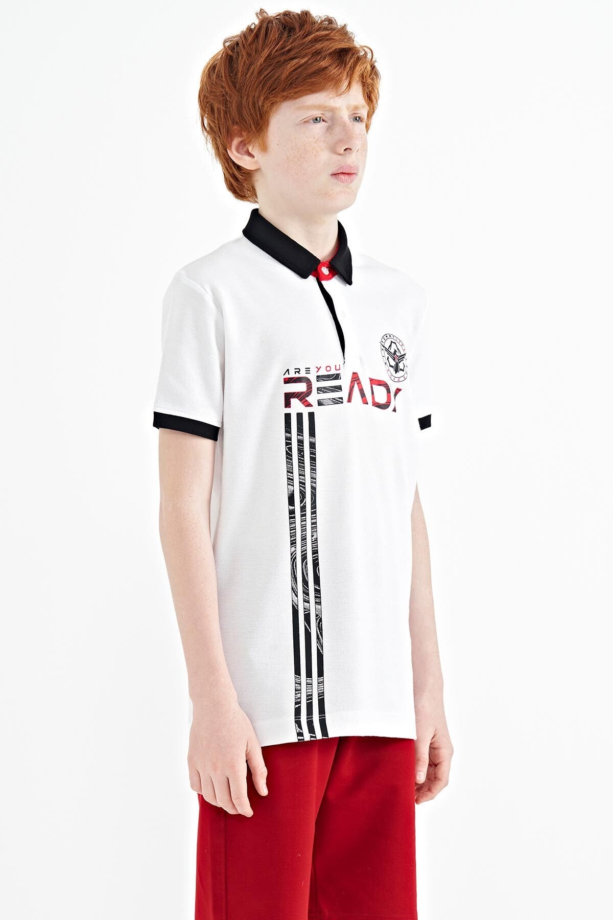 White Print Pattern Standard Fit Polo Collar Boys T-Shirt - 11143