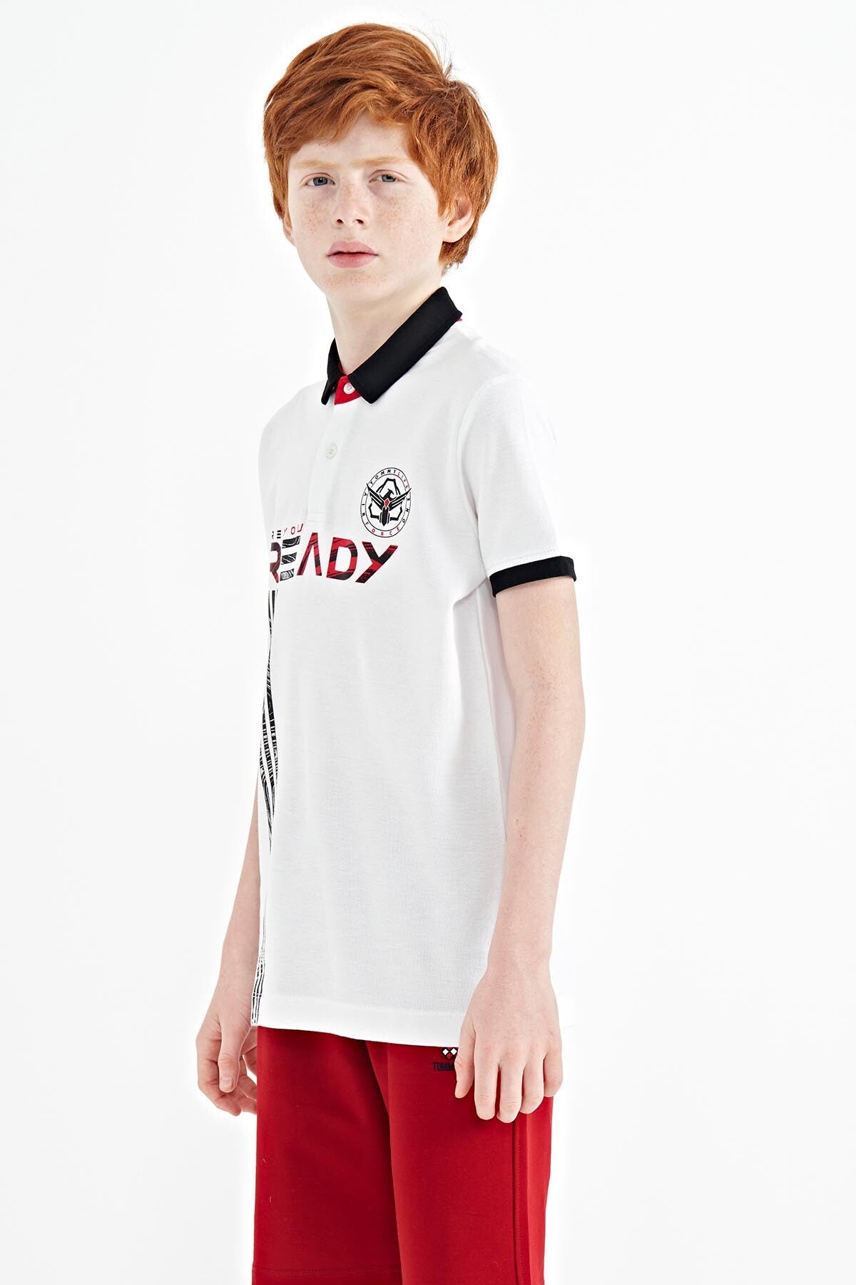 White Print Pattern Standard Fit Polo Collar Boys T-Shirt - 11143