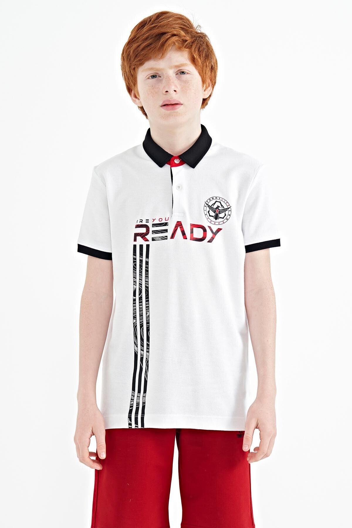 White Print Pattern Standard Fit Polo Collar Boys T-Shirt - 11143
