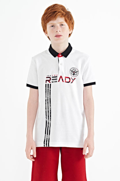 White Print Pattern Standard Fit Polo Collar Boys T-Shirt - 11143
