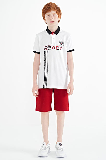 White Print Pattern Standard Fit Polo Collar Boys T-Shirt - 11143