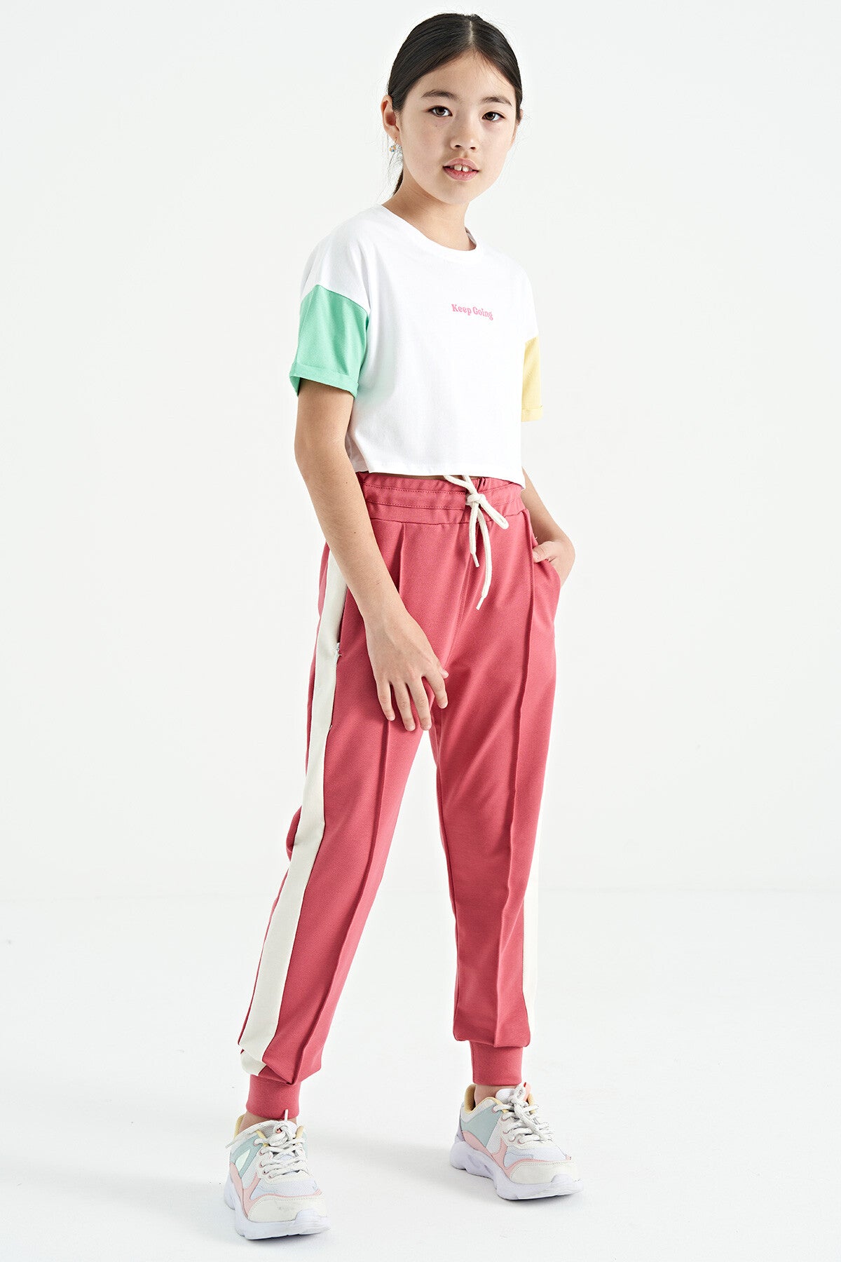 White Print O Collar Low Shoulder Oversize Girl's T-Shirt - 75130