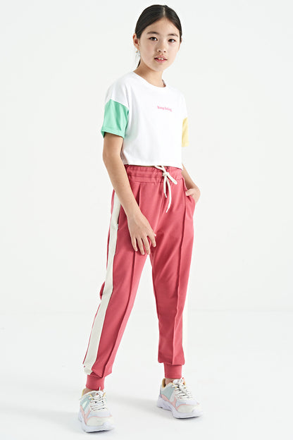 White Print O Collar Low Shoulder Oversize Girl's T-Shirt - 75130