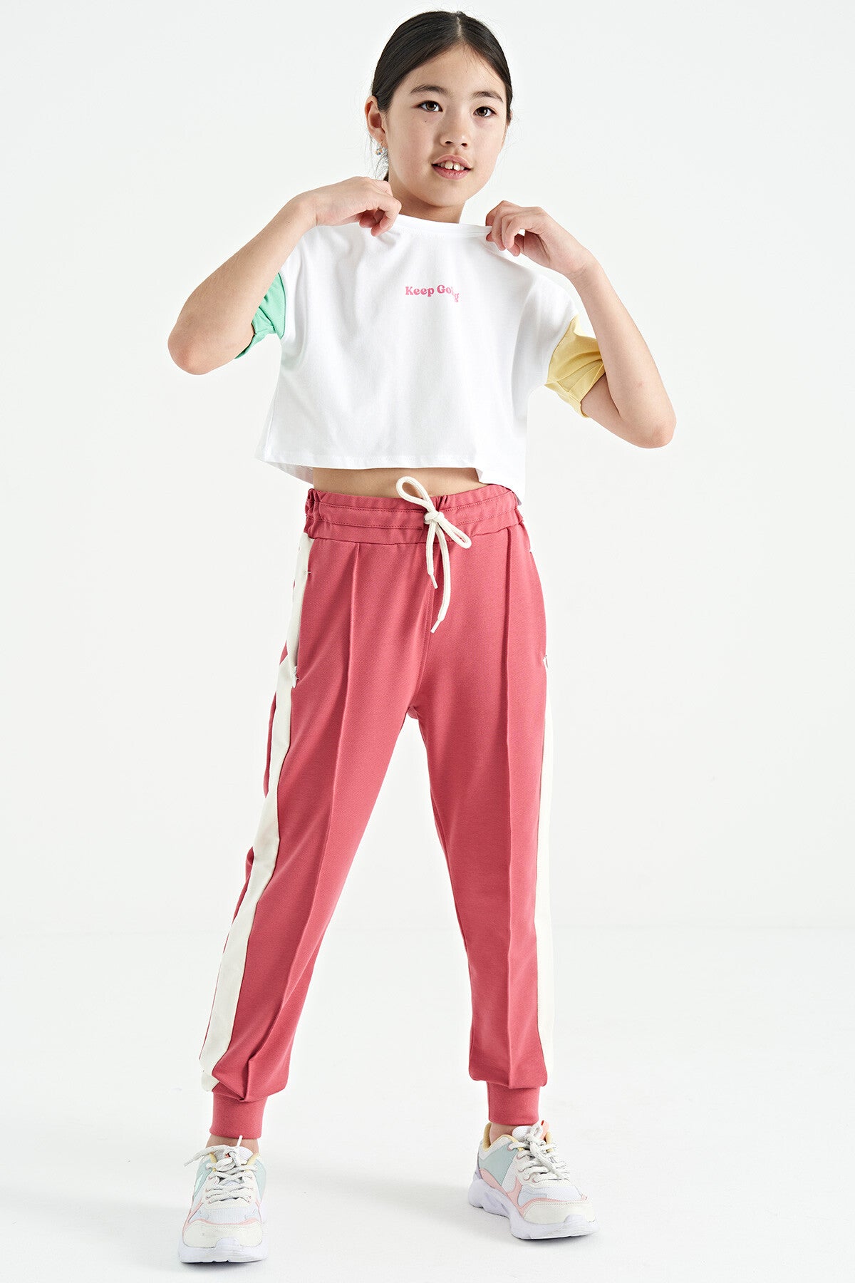 White Print O Collar Low Shoulder Oversize Girl's T-Shirt - 75130