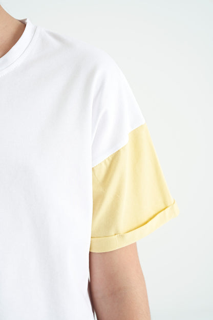 White Print O Collar Low Shoulder Oversize Girl's T-Shirt - 75130
