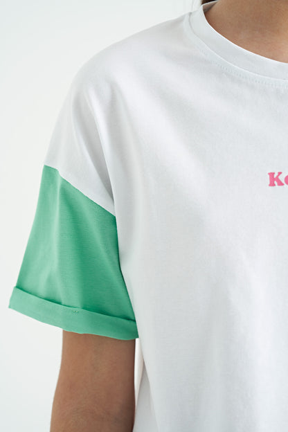 White Print O Collar Low Shoulder Oversize Girl's T-Shirt - 75130