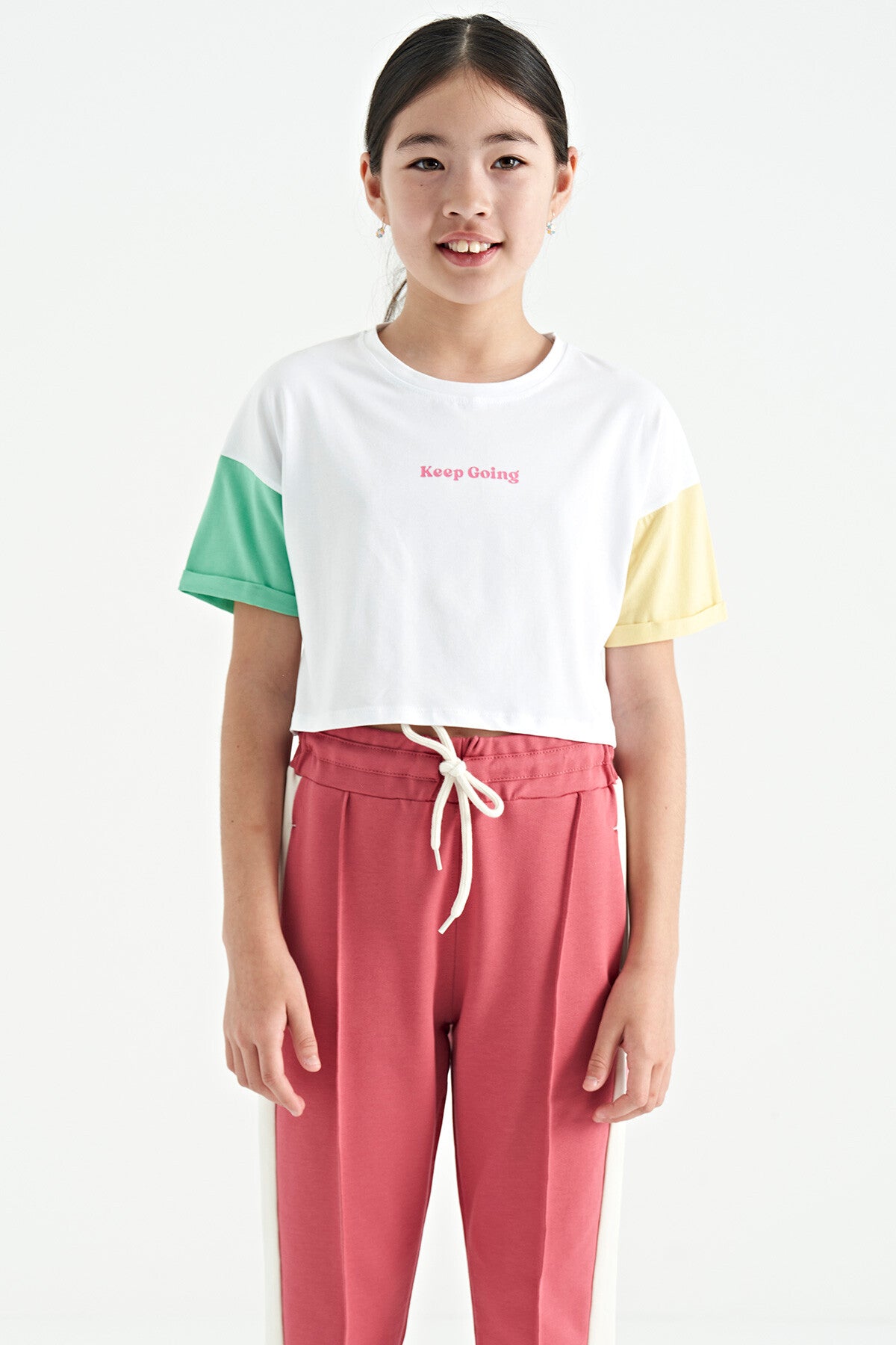 White Print O Collar Low Shoulder Oversize Girl's T-Shirt - 75130