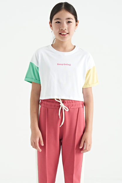 White Print O Collar Low Shoulder Oversize Girl's T-Shirt - 75130