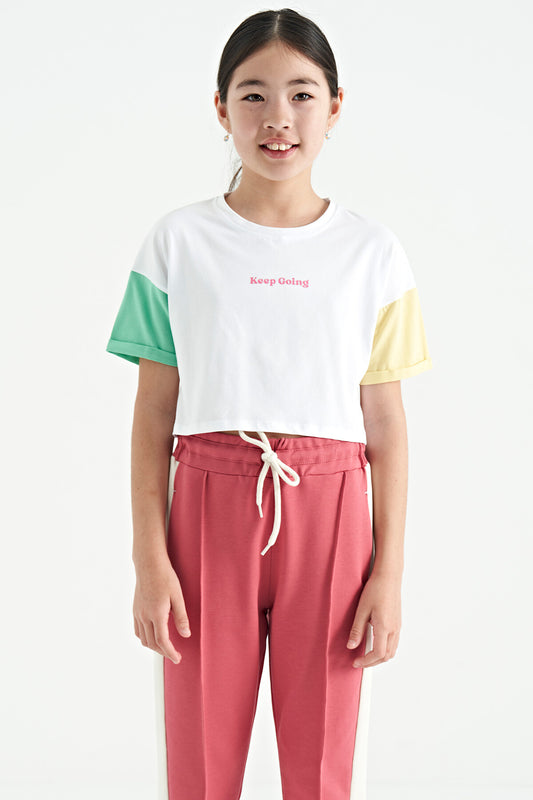 White Print O Collar Low Shoulder Oversize Girl's T-Shirt - 75130