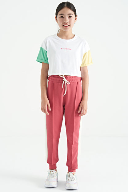 White Print O Collar Low Shoulder Oversize Girl's T-Shirt - 75130