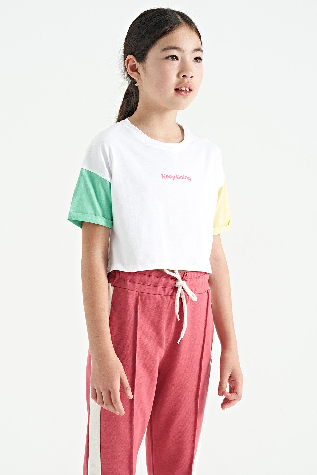 White Print O Collar Low Shoulder Oversize Girl's T-Shirt - 75130