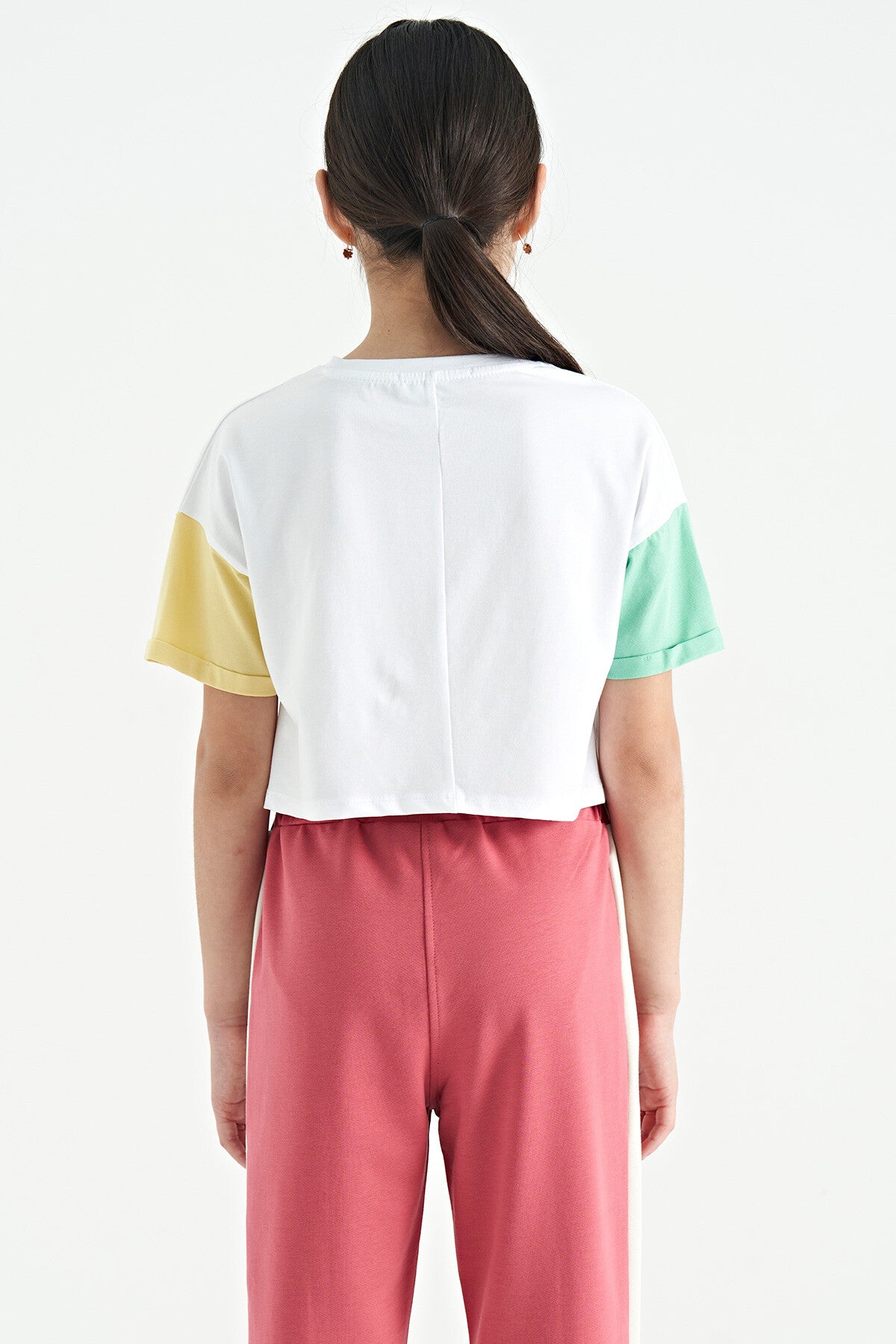 White Print O Collar Low Shoulder Oversize Girl's T-Shirt - 75130
