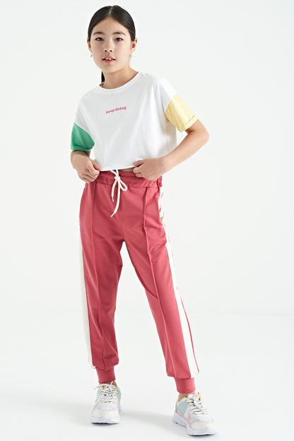 White Print O Collar Low Shoulder Oversize Girl's T-Shirt - 75130