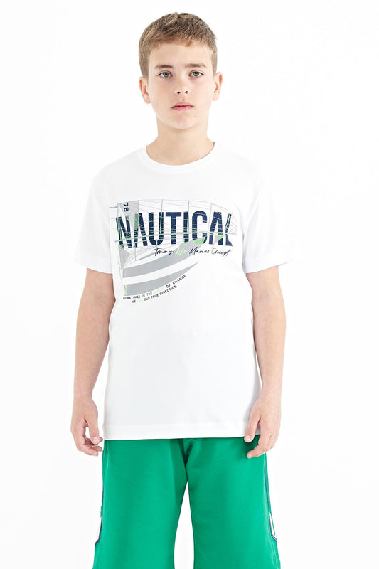 White Print Lettering O Collar Standard Fit Men's Boys T-Shirt - 11100