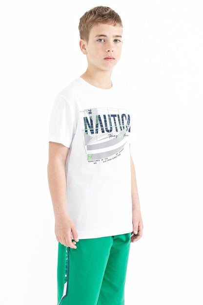 White Print Lettering O Collar Standard Fit Men's Boys T-Shirt - 11100