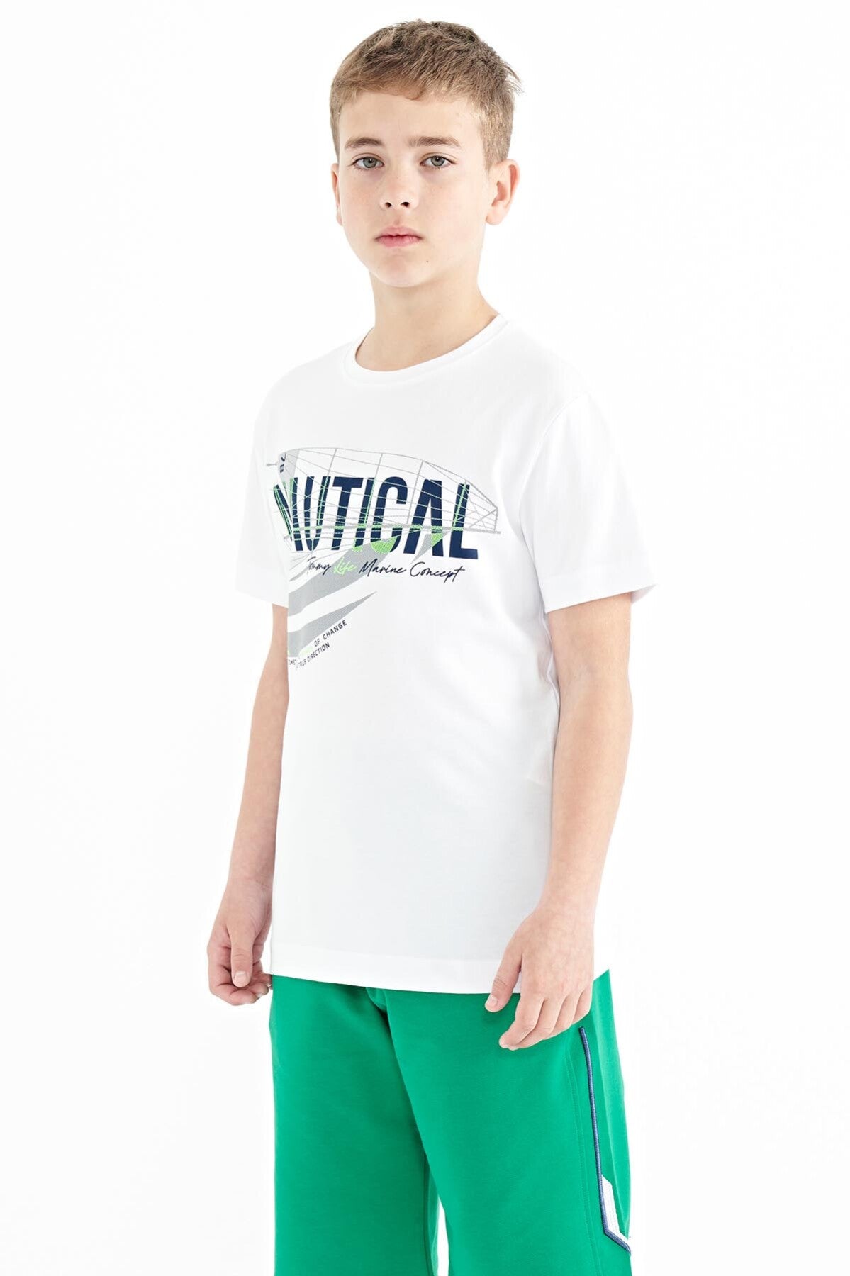 White Print Lettering O Collar Standard Fit Men's Boys T-Shirt - 11100