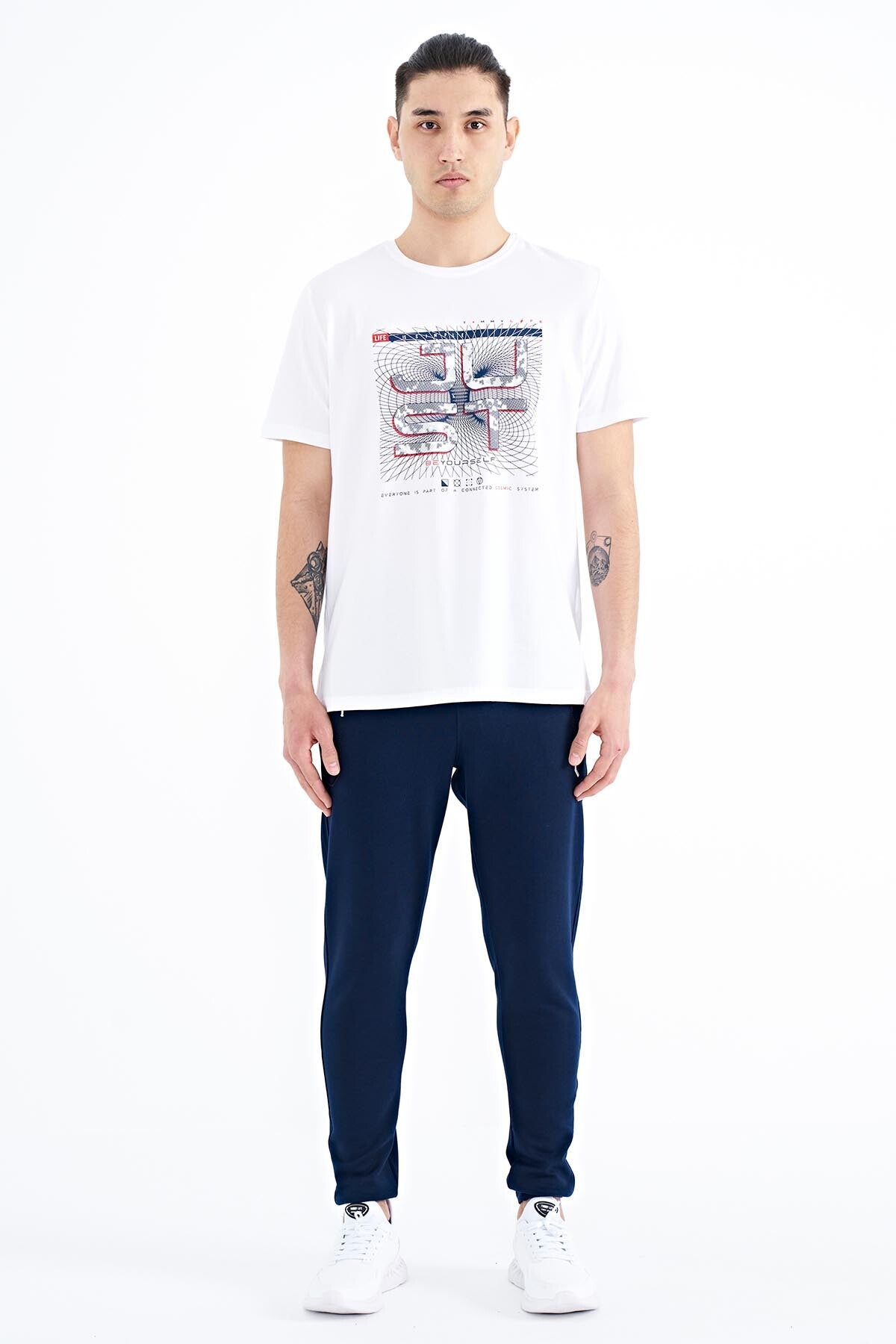 White Print Lettering O Collar Standard Fit Men's T-shirt - 88170
