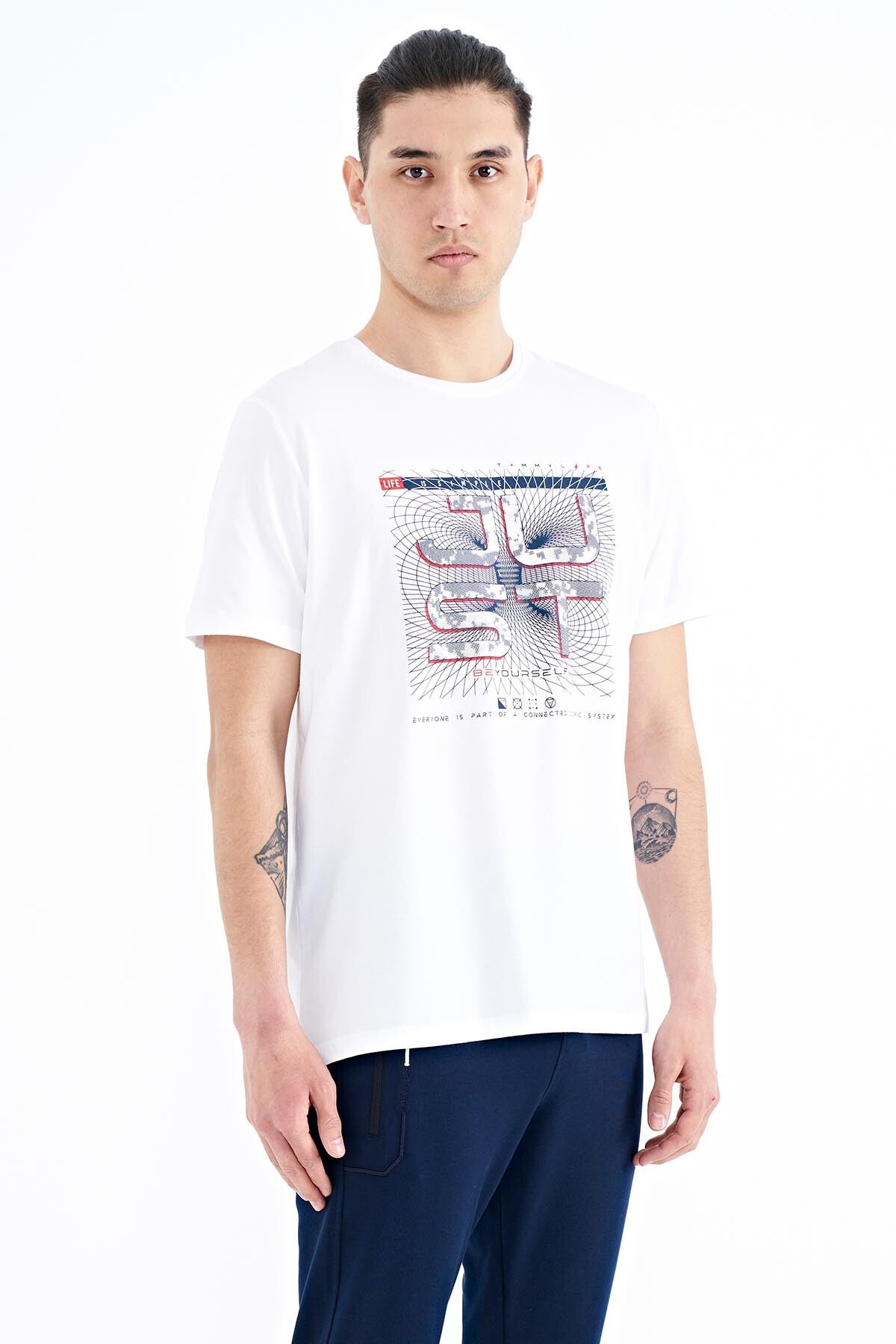 White Print Lettering O Collar Standard Fit Men's T-shirt - 88170