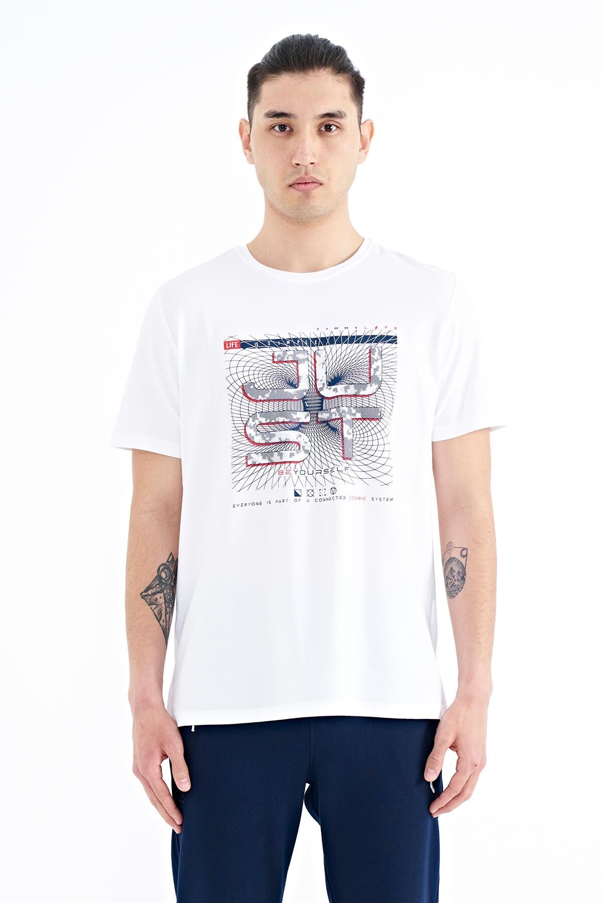 White Print Lettering O Collar Standard Fit Men's T-shirt - 88170