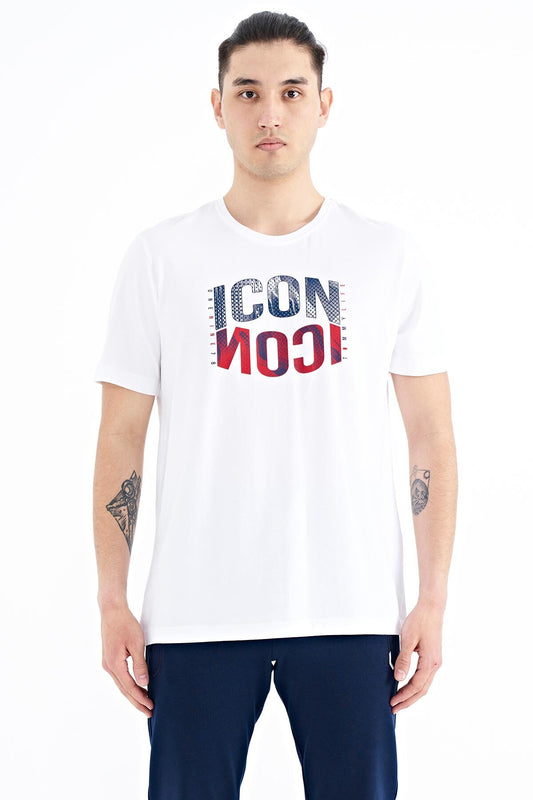 White Print Letter O Collar Standard Fit Men's T-Shirt - 88174