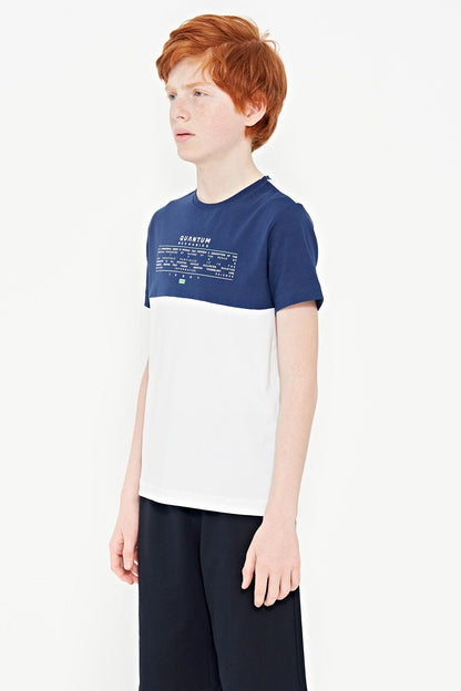White Printed Color Block Standard Fit O Collar Boys T-Shirt - 11134