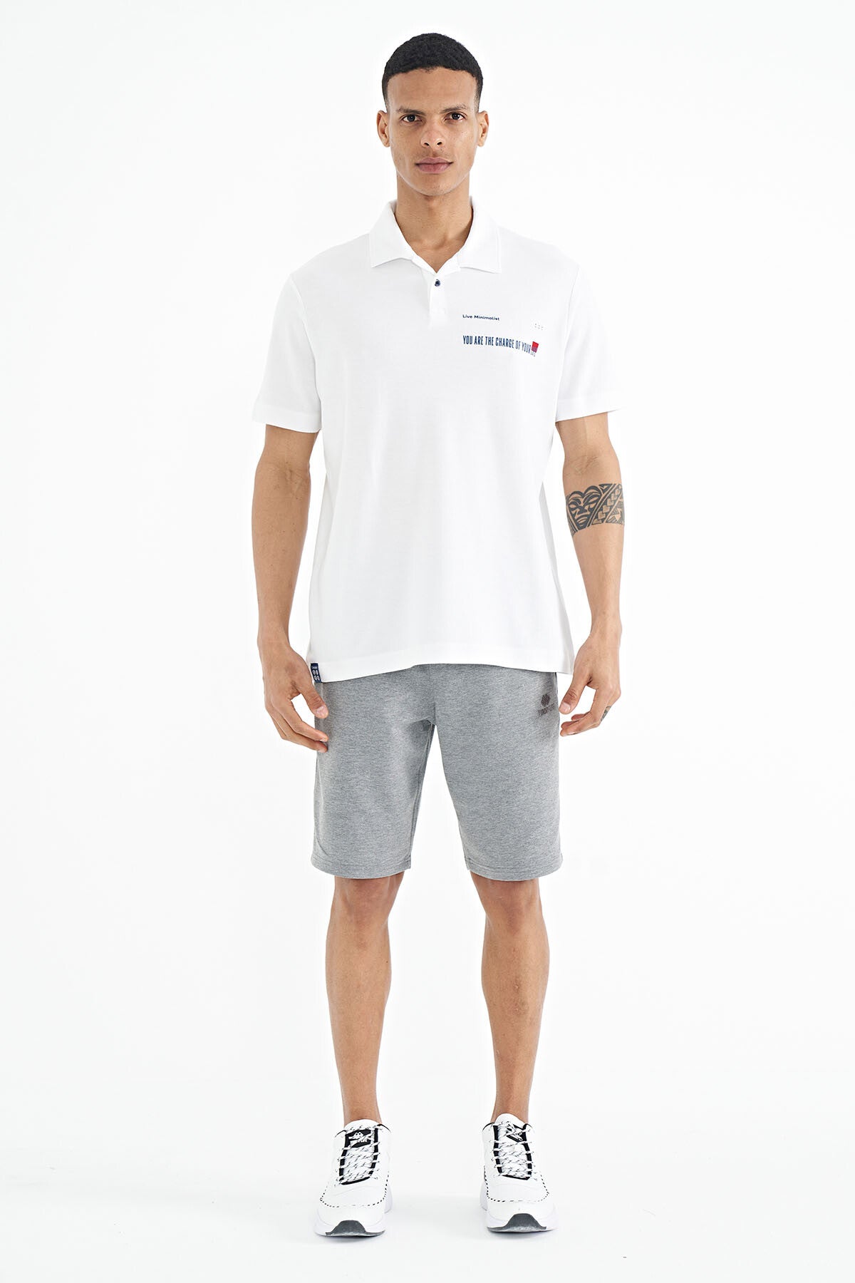 White Print Standard Fit Polo Collar Men's T-shirt - 88236