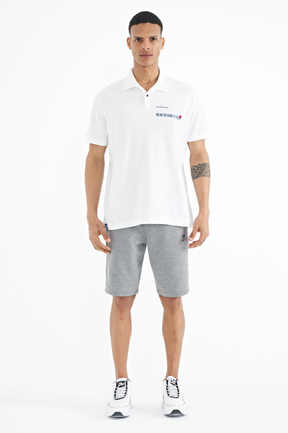 White Print Standard Fit Polo Collar Men's T-shirt - 88236