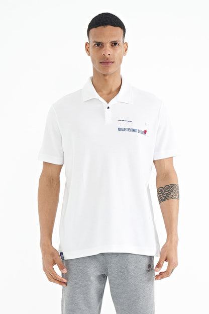 White Print Standard Fit Polo Collar Men's T-shirt - 88236