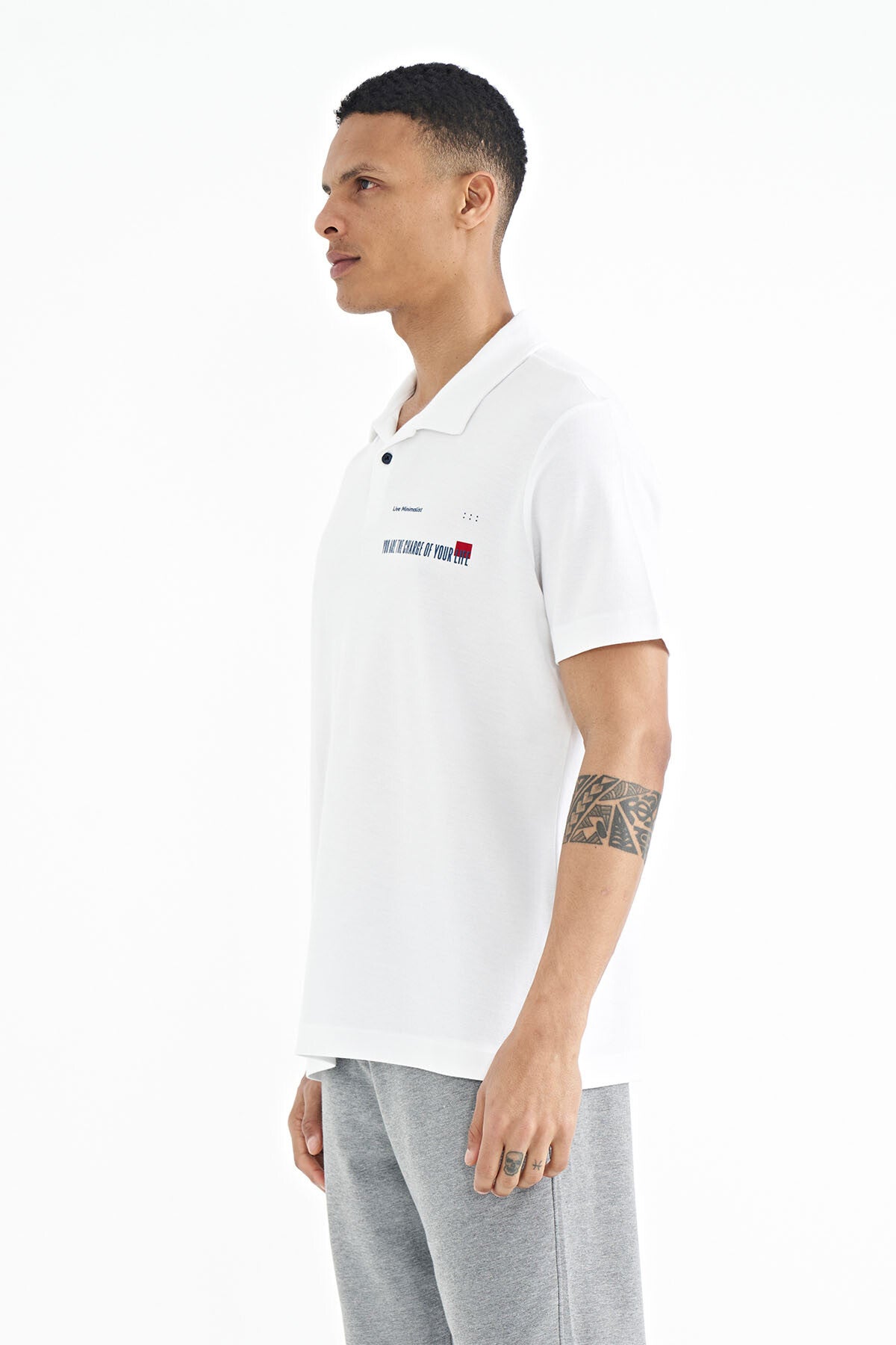 White Print Standard Fit Polo Collar Men's T-shirt - 88236